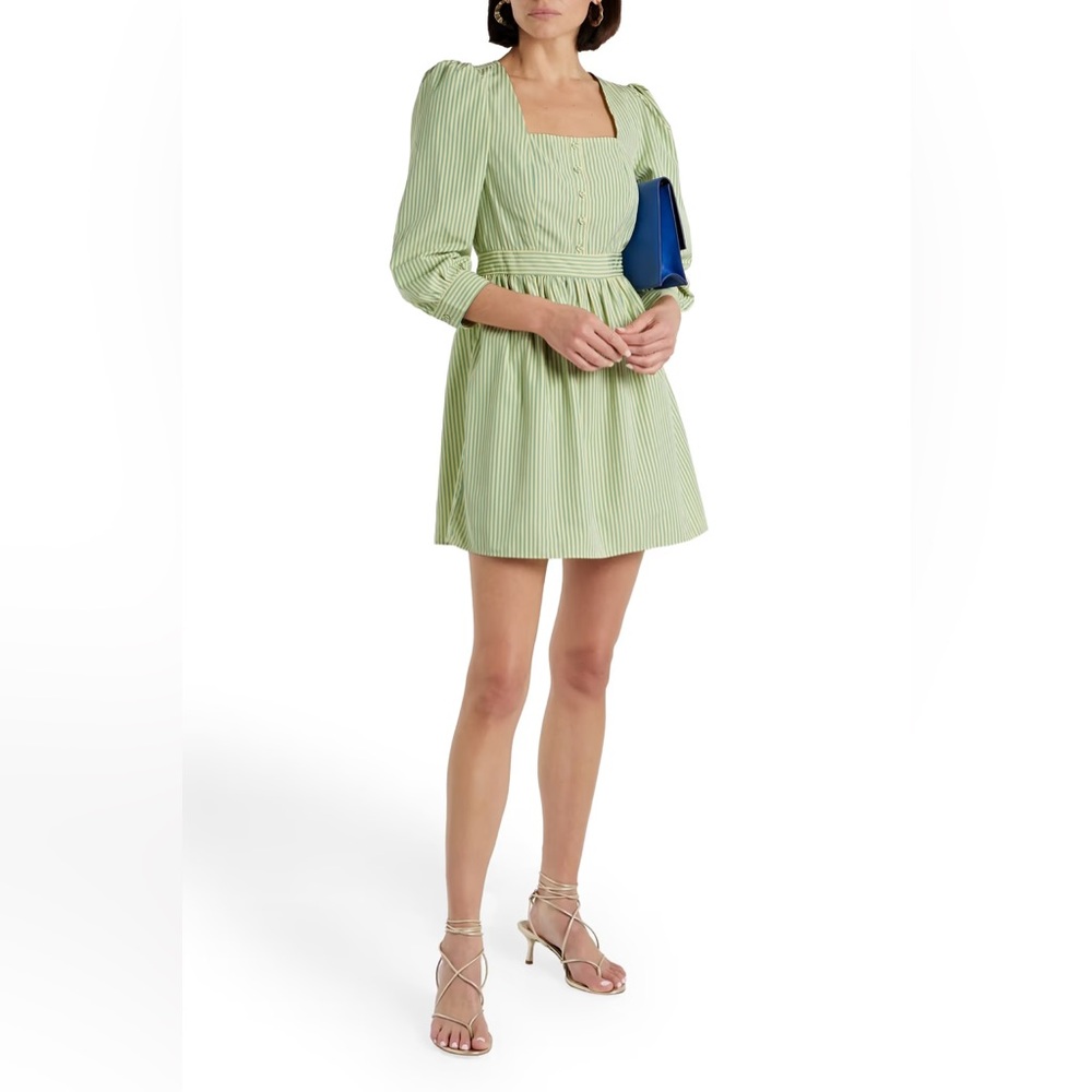 Anthropologie Seersucker Green Stripe Puff Sleeve Sadia Aline Dress Pockets